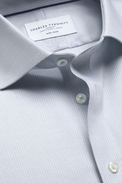 Charles Tyrwhitt dress shirt neckline label and textured fabric, buttoned placket