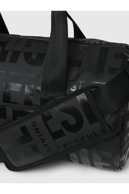 Diesel black duffel bag with logo webbing strap and zippers
