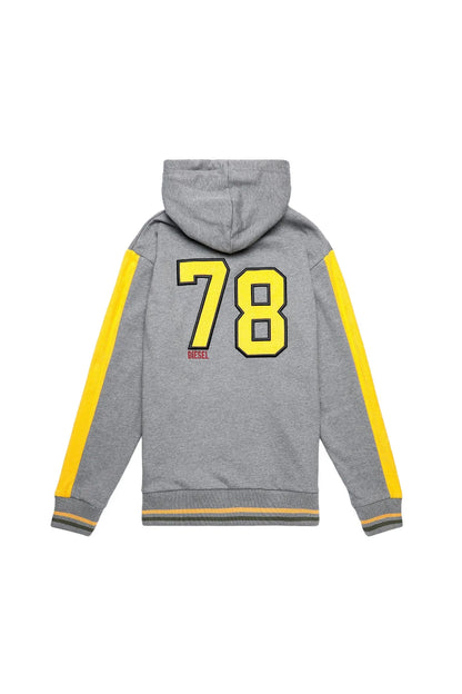Grey Diesel hoodie with yellow sleeves and '78' back graphic, hood and zip