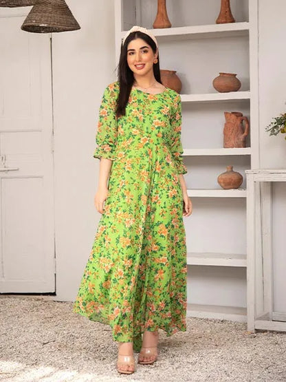 Nazmina green floral maxi dress with 3/4 sleeves and gathered skirt