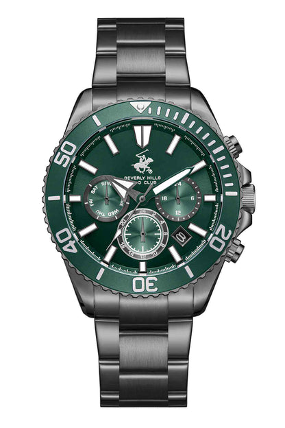 BHPC steel watch with green chronograph dial and metal bracelet