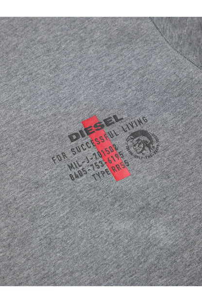 Grey T-shirt fabric closeup with red and black Diesel logo print at chest