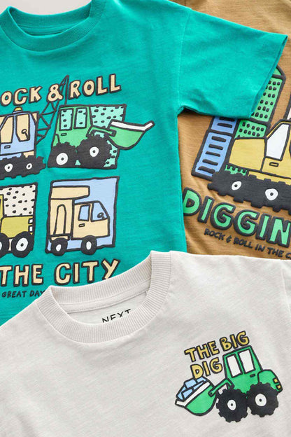 Teal and white kids graphic T-shirts, crew neck, truck and tractor front prints