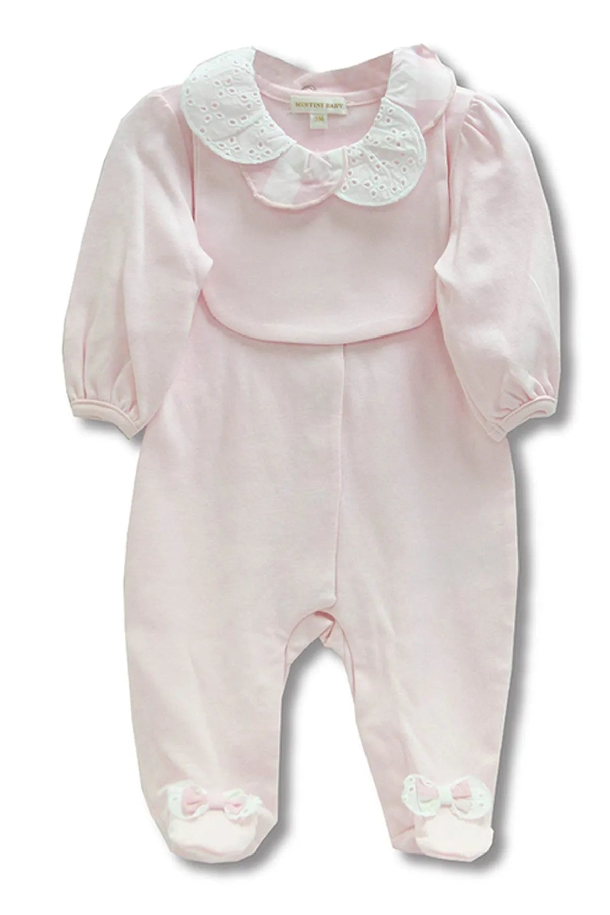 Pink baby romper with white eyelet Peter Pan collar, puff sleeves, footed legs