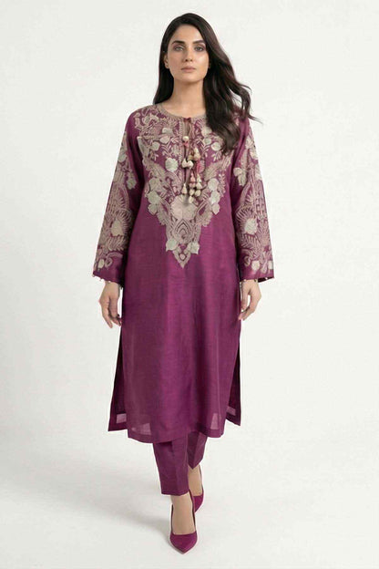 Plum embroidered long kurta with decorative tassel neckline and three-quarter sleeves.