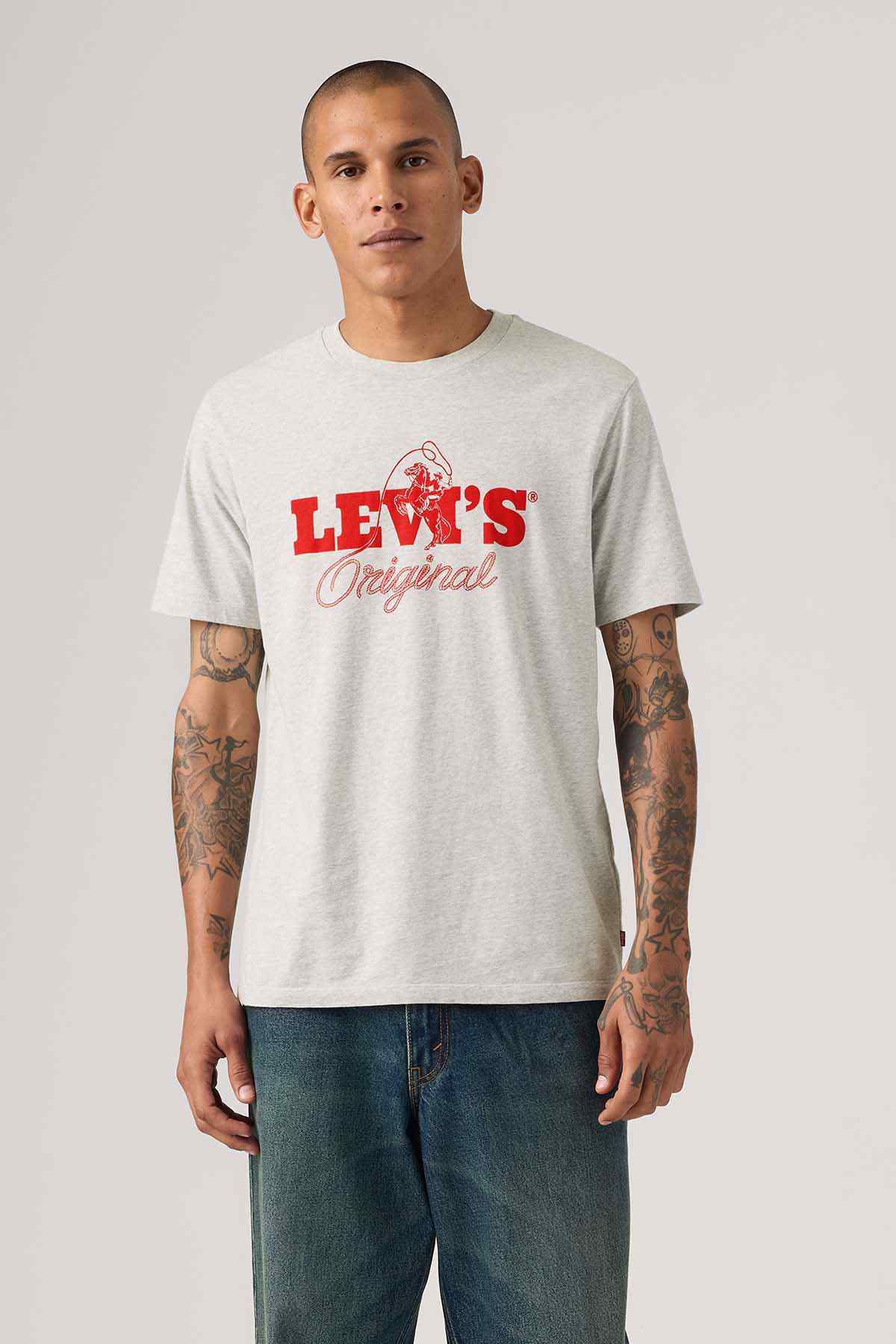 Levi's Original grey crewneck T-shirt with red front graphic logo, short sleeves