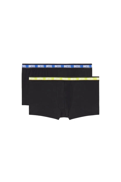 Diesel black boxer shorts set, neon green logo waistband, flat lay