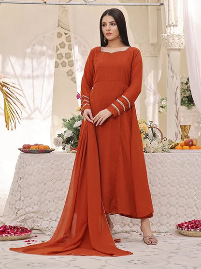 Nazmina rust-orange maxi dress with white collar trim and embroidered sleeve details