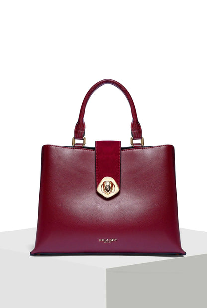 Berry leather-look tote handbag with gold clasp and top handles