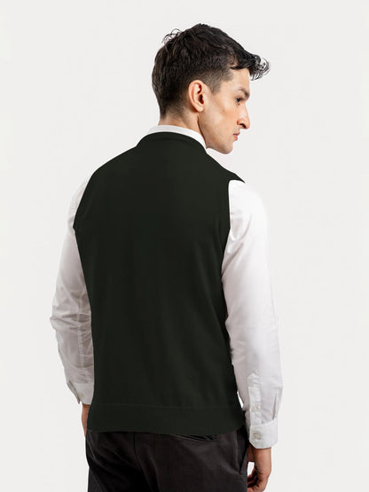 Men's olive cotton V-neck sleeveless vest, rear side view