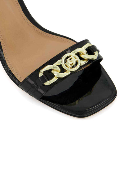 Dune London black heeled sandal upper with gold buckle logo ornament
