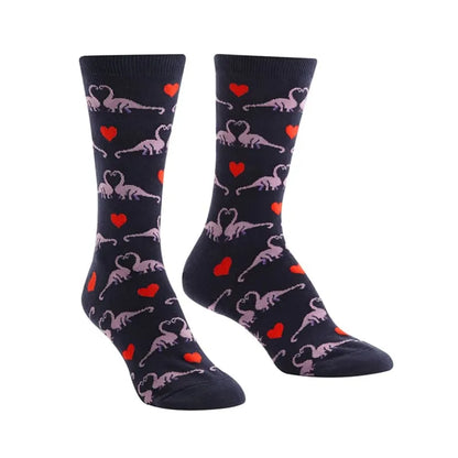Novelty crew socks in dark navy with pink mouse hearts pattern