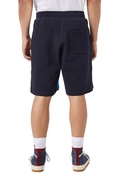 Navy Diesel solid shorts with side seam pockets and knee-length hem