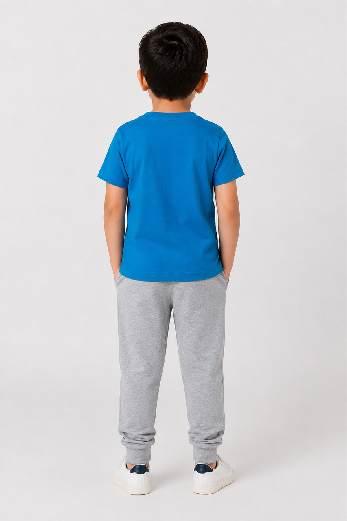Kids blue T-shirt and gray jogger pants set, back view