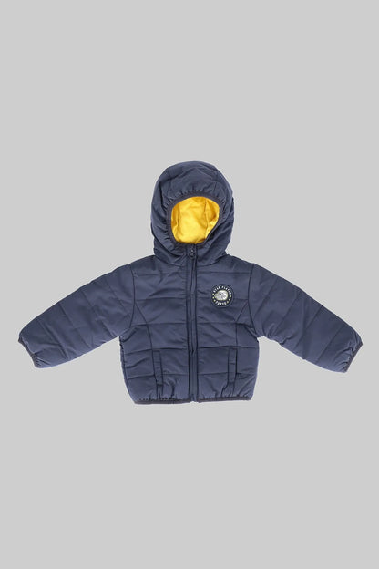 Kids' blue puffer jacket with hood, yellow lining, front zipper and logo patch