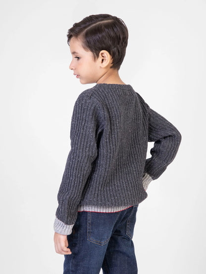 Charcoal knit sweater back view, ribbed hem with striped band and cuffs