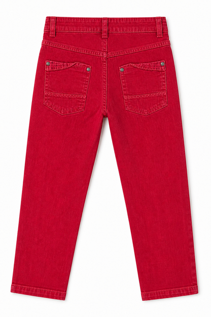 Red denim jeans back view with two patch pockets and belt loops