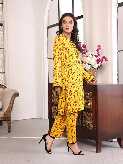 Nazmina yellow printed kurta and pajama set, side view with matching trousers