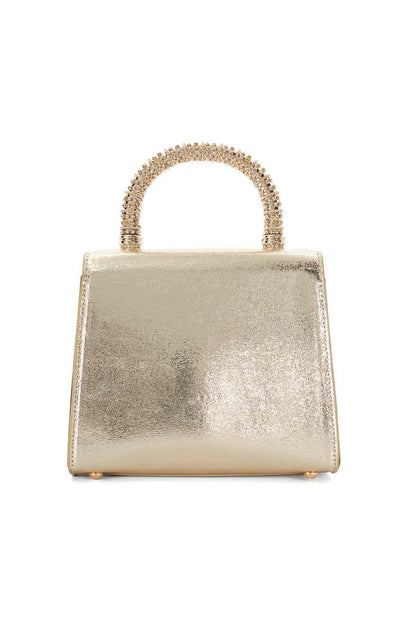 Gold mini handbag with beaded top handle, structured top and flat front panel