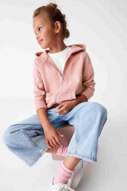 Pink zip-up hoodie with hood and front zipper, kangaroo pocket, side view