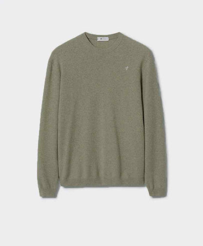 Fitted crewneck knit sweater in olive green with small chest logo
