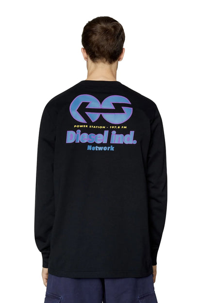 Black long-sleeve crew-neck T-shirt with large 'Diesel ind. Network' back graphic