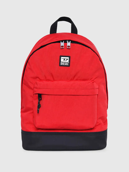 Red and black backpack with top handle, front zip pocket, and logo patch