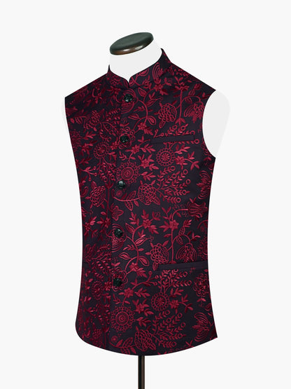 Burgundy floral-pattern sleeveless button-up vest with black buttons and collar