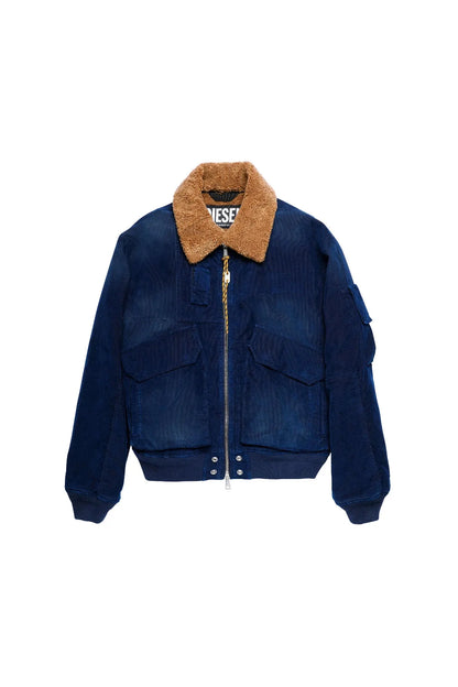 Diesel blue denim jacket with tan shearling collar, zip front, flap chest pockets