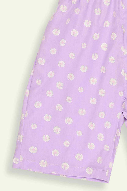 Purple daisy-print romper shorts with elastic waist and side tie