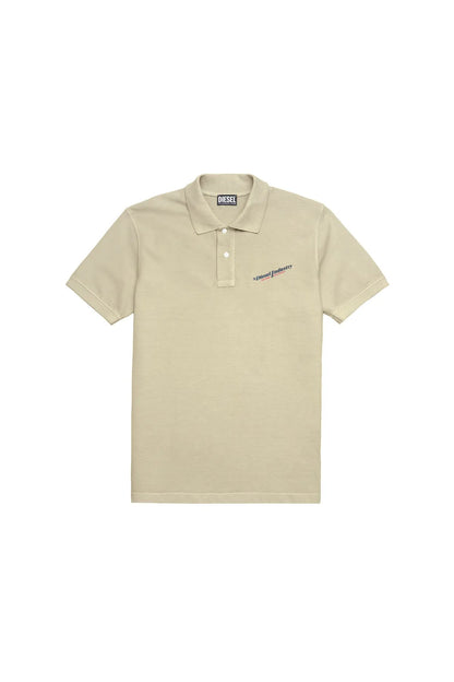 Light beige polo shirt front view with collar, button placket, and small chest logo
