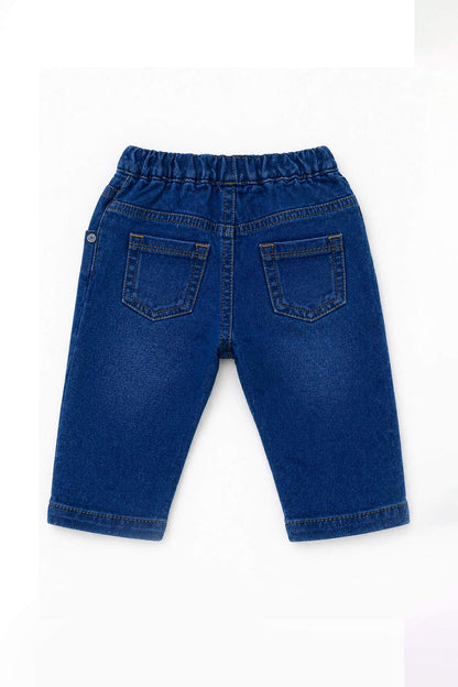 Blue denim baby pants with two front pockets and button-tab closure