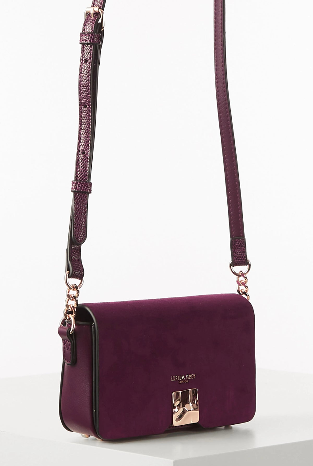 Luella Grey berry flap shoulder bag with chain strap and gold clasp