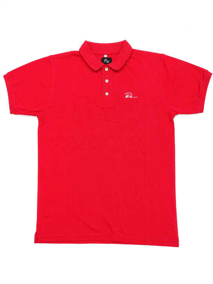 Red polo shirt with folded collar and 2-button placket