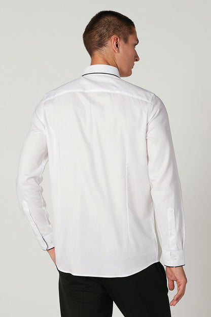 Men's white dress shirt back view with buttoned yoke and long sleeves
