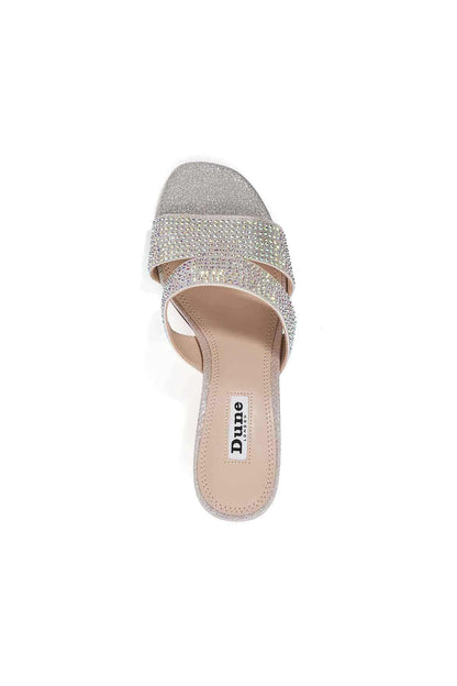 Rhinestone slip-on mule sandal with open toe and strap front