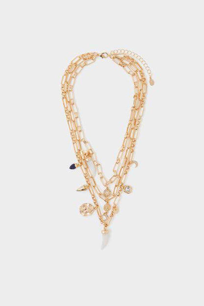 Gold-tone layered charm necklace with coin pendants and dangling drops