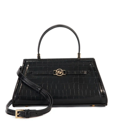 Dune London black croc-embossed handbag with top handle and shoulder strap, gold clasp