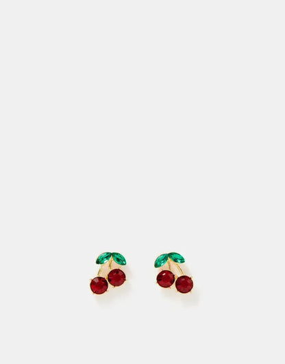 Cherry-style stud earrings, two red round stones with green leaf details