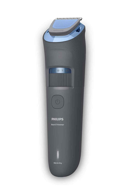 Dark gray beard trimmer with comb attachment and display window