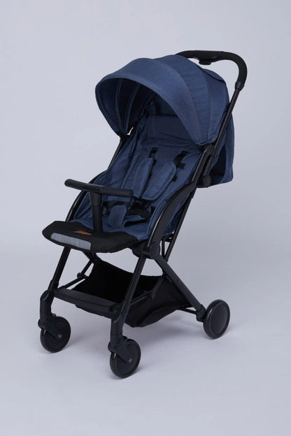 Blue stroller with canopy, padded seat, and safety harness, four-wheel design.