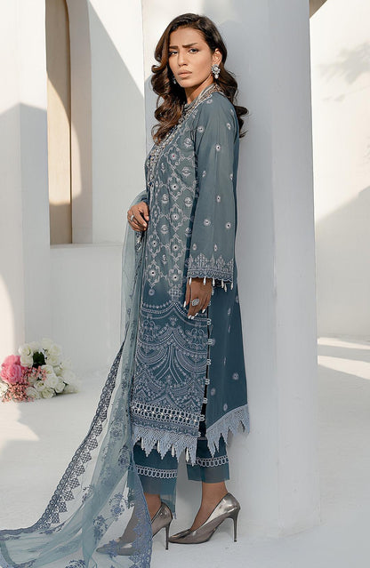 Fiona stone blue embroidered tunic with scalloped hem and sheer dupatta overlay