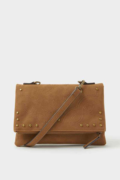 Tan rectangular shoulder bag with stud details, clasp flap, and crossbody strap