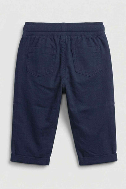 Navy baby pants with elastic waist, drawstring, and two front pockets