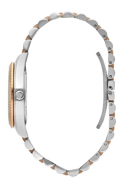 BHPC silver watch band with rose-gold links and crown, side view case