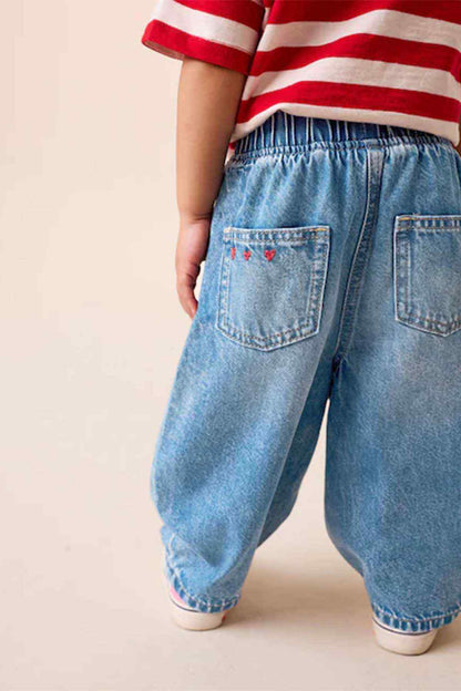 Blue denim pants with stitched back pockets and elastic cuff hem