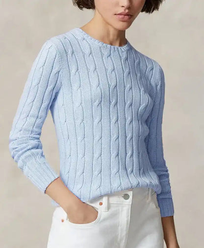 Sky blue fitted cable-knit sweater with crew neck and 3/4 sleeves