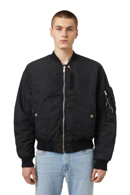 Diesel black bomber jacket with front zipper, snap pockets, ribbed cuffs and hem