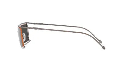 Diesel sunglasses, side view, dark rectangular lenses, metal frame with orange temples