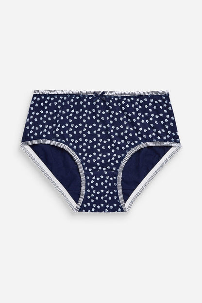 Kids' navy briefs with small star-flower pattern and contrast trim